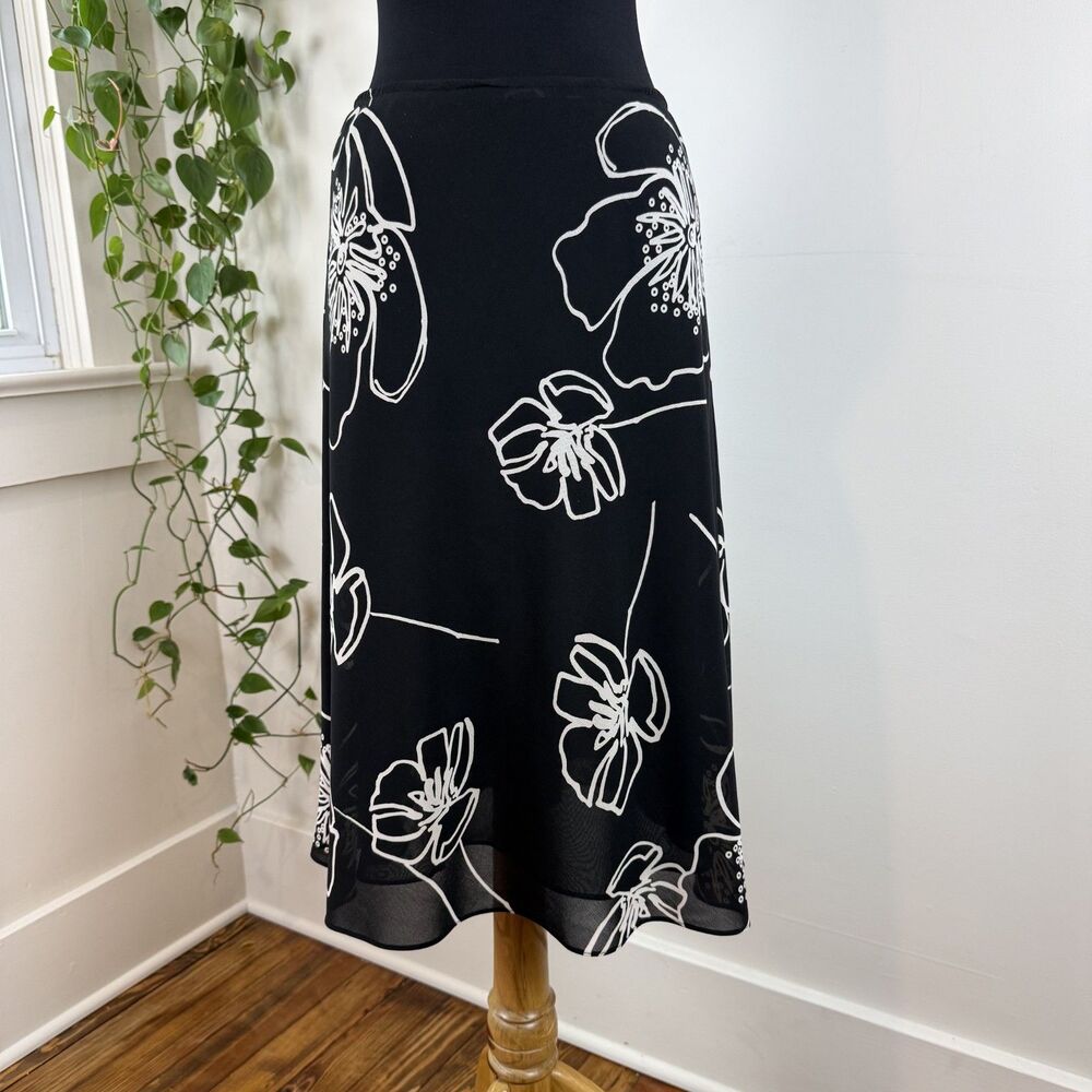 00s Floral Black White Slip-Style Minimalist Midi Skirt, S | New York & Company